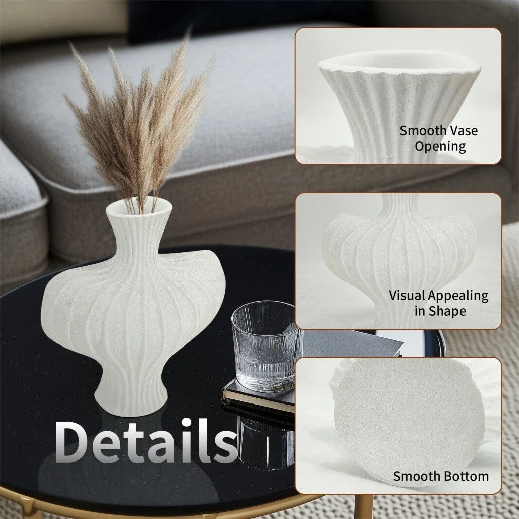 Decorative white vase on a coffee table with close-up details of its design.