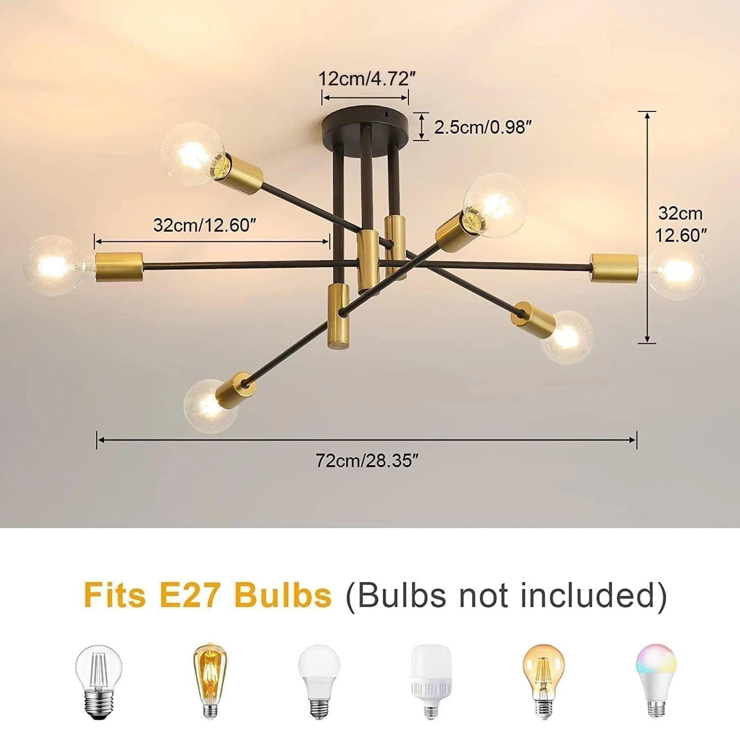 Chandelier with dimensions labeled on a light gray background, featuring E27 bulb compatibility.