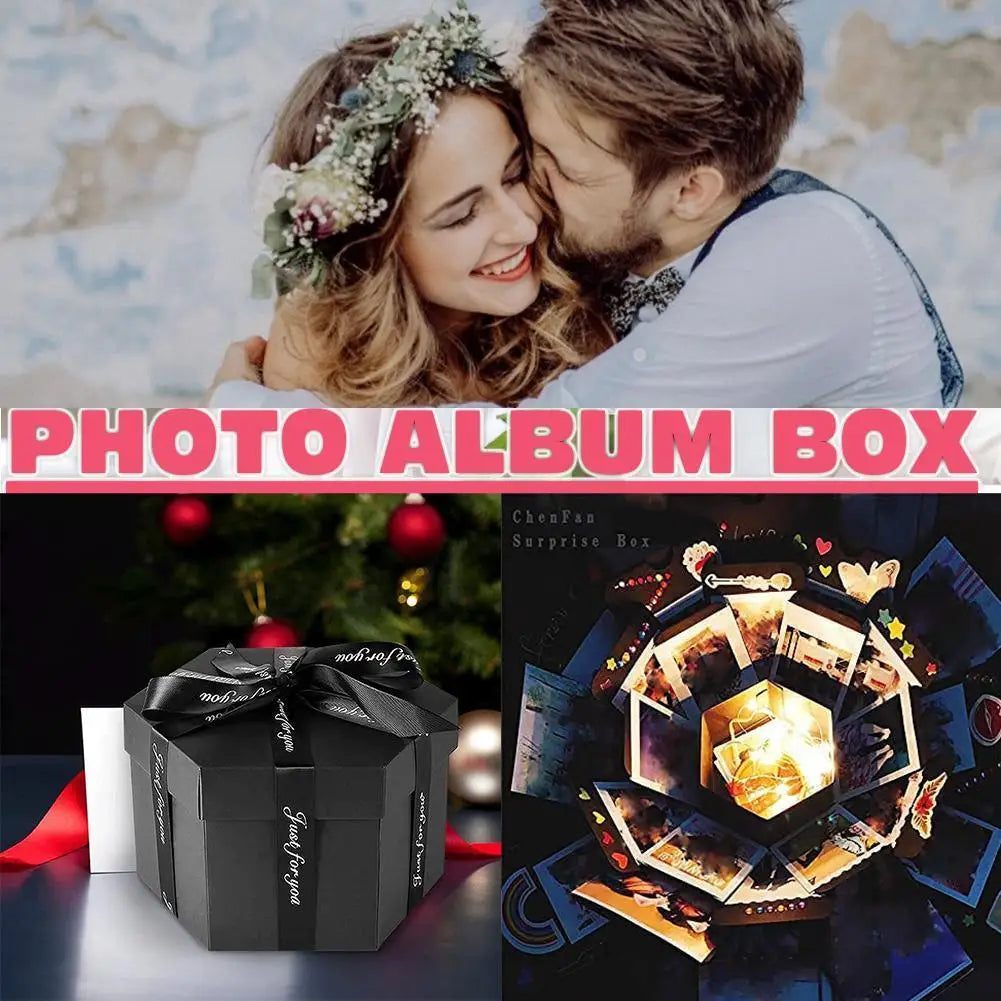 Assembled exploding photo box with photos inside.