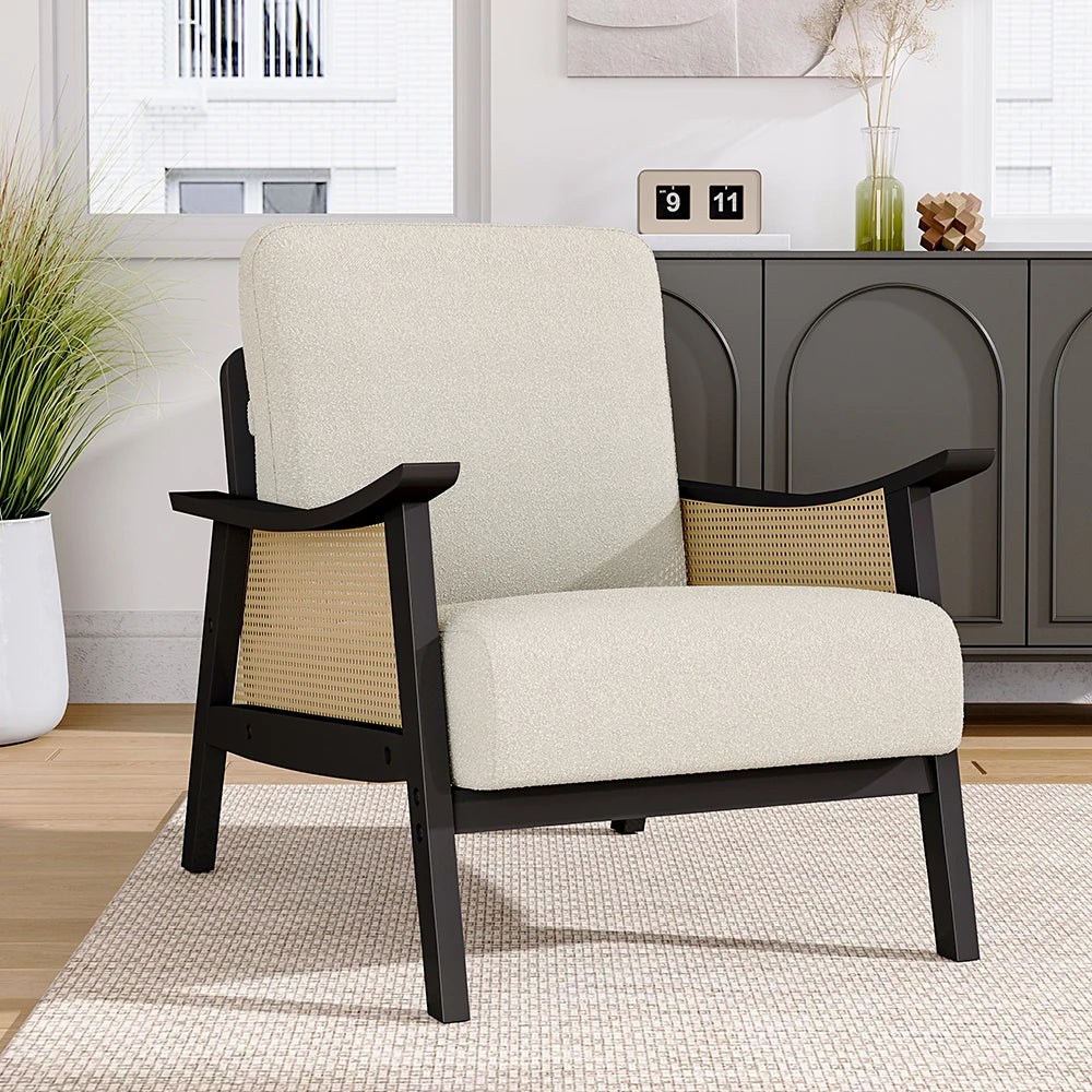 "Mid-century rattan armchair with teddy bear fur upholstery in a modern living room"