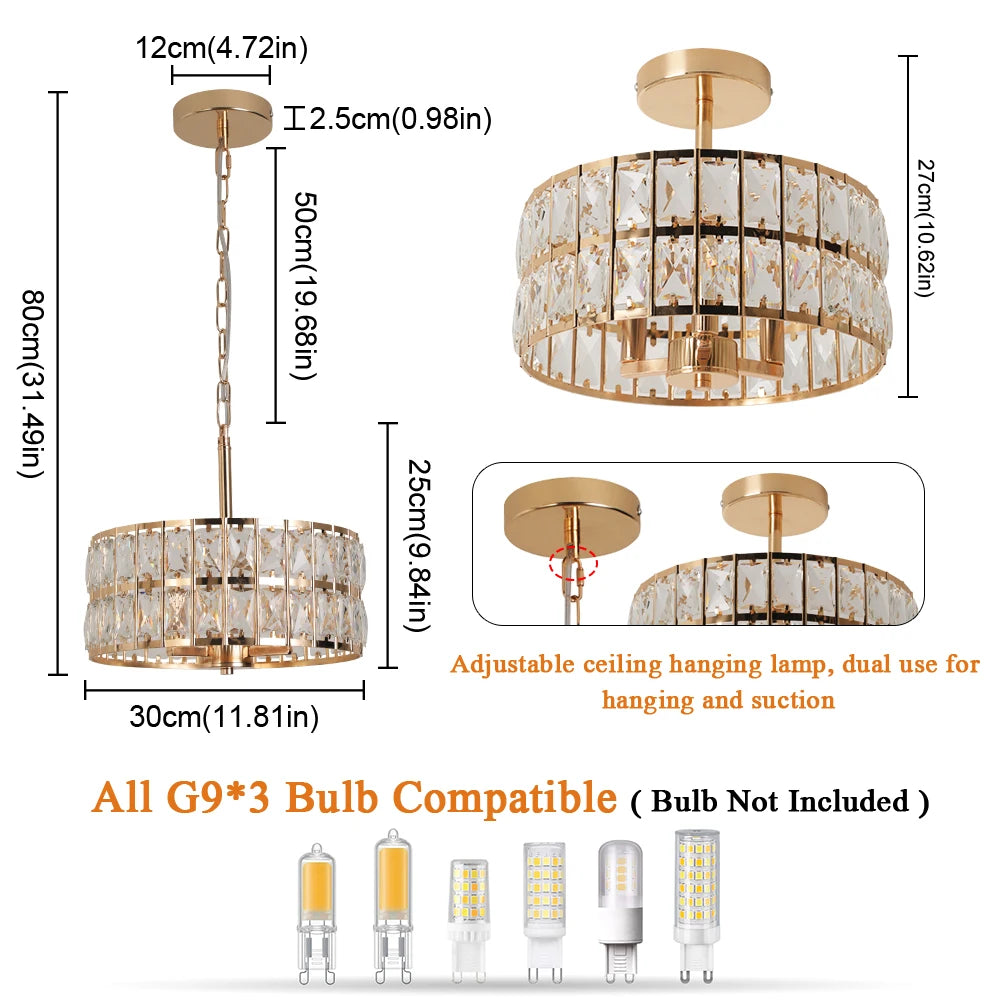 Chandelier with dimensions and bulb compatibility information on a white background