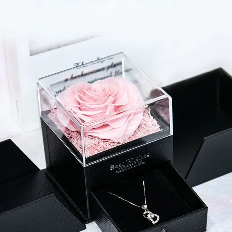 Elegant jewelry box with a lasting eternal rose and necklace