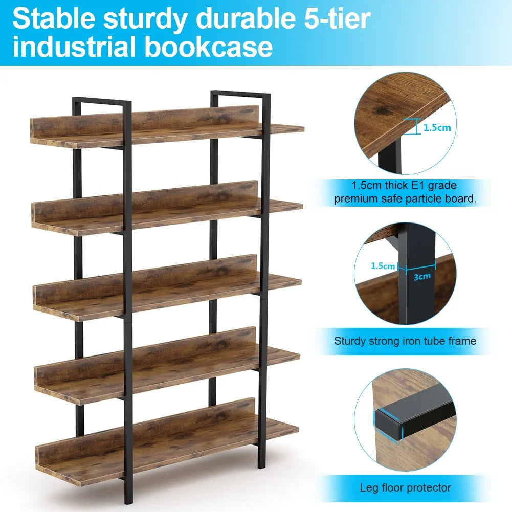 "Rustic brown and black bookcase with back baffles for safe storage"