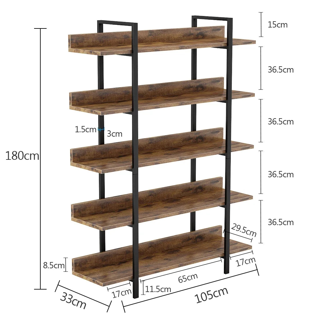 "Large antique-style bookshelf with five tiers and sturdy iron frame"