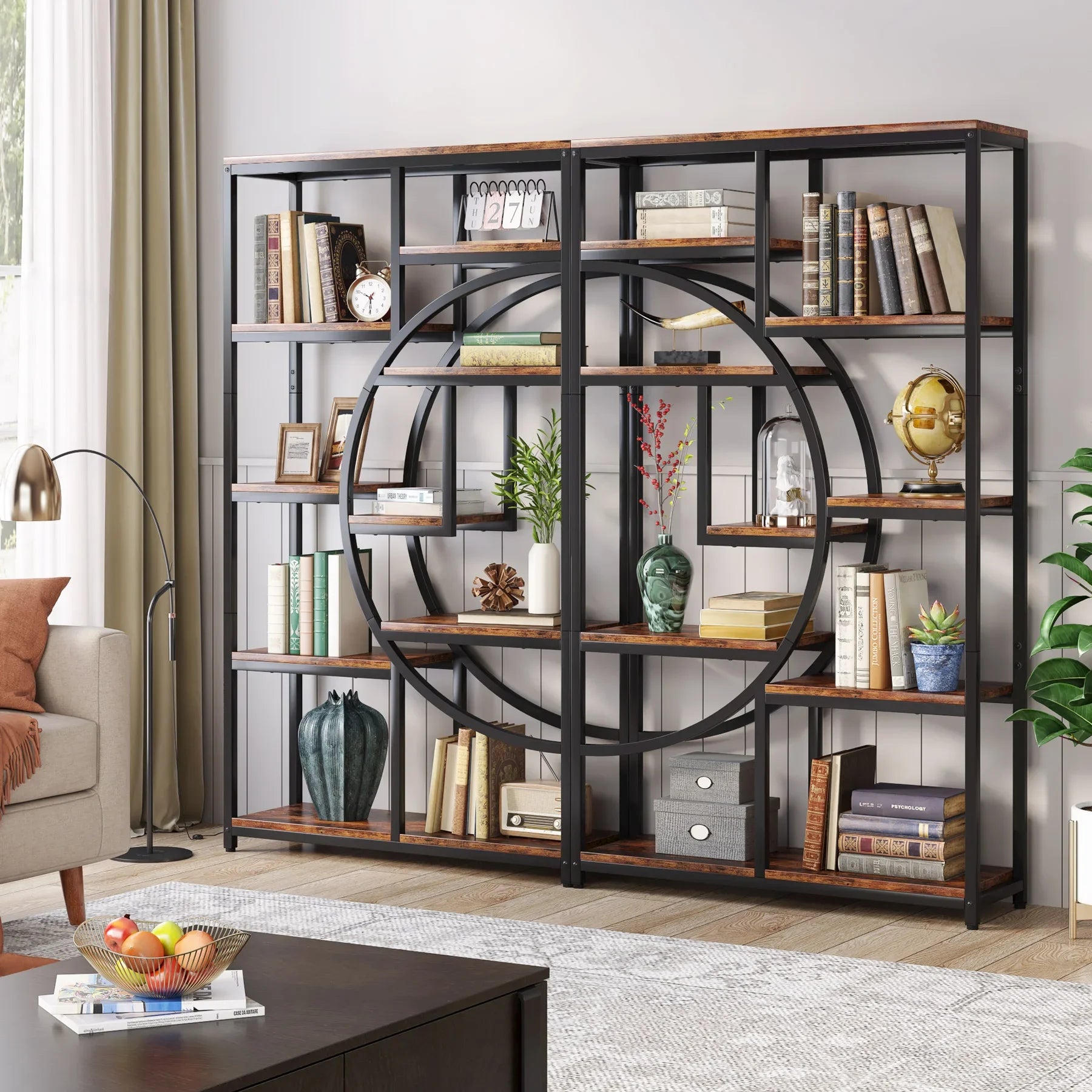 "Geometric etagere bookshelf with 9 open shelves for plants and decor"