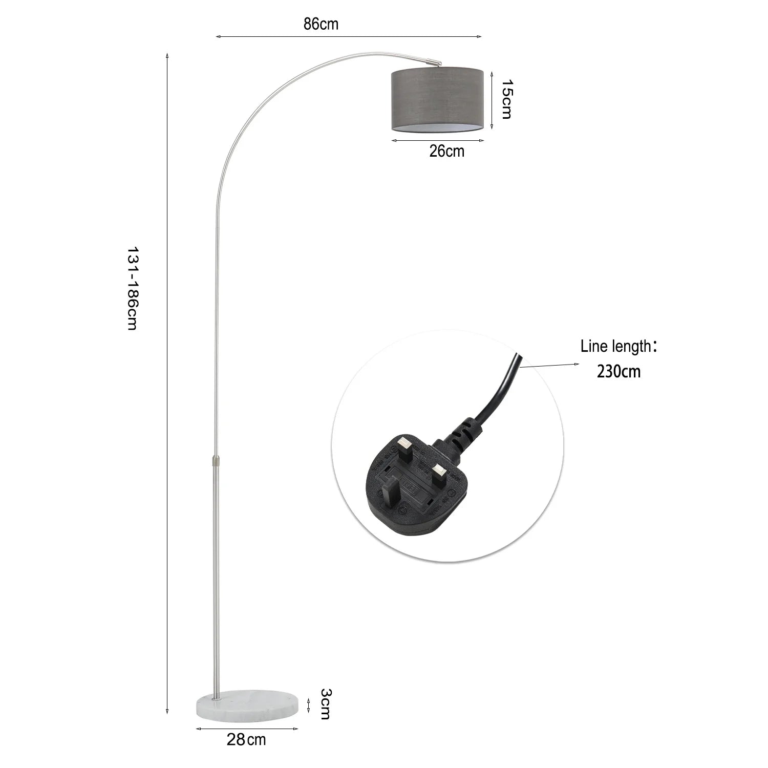 Floor lamp with measurements on a white background