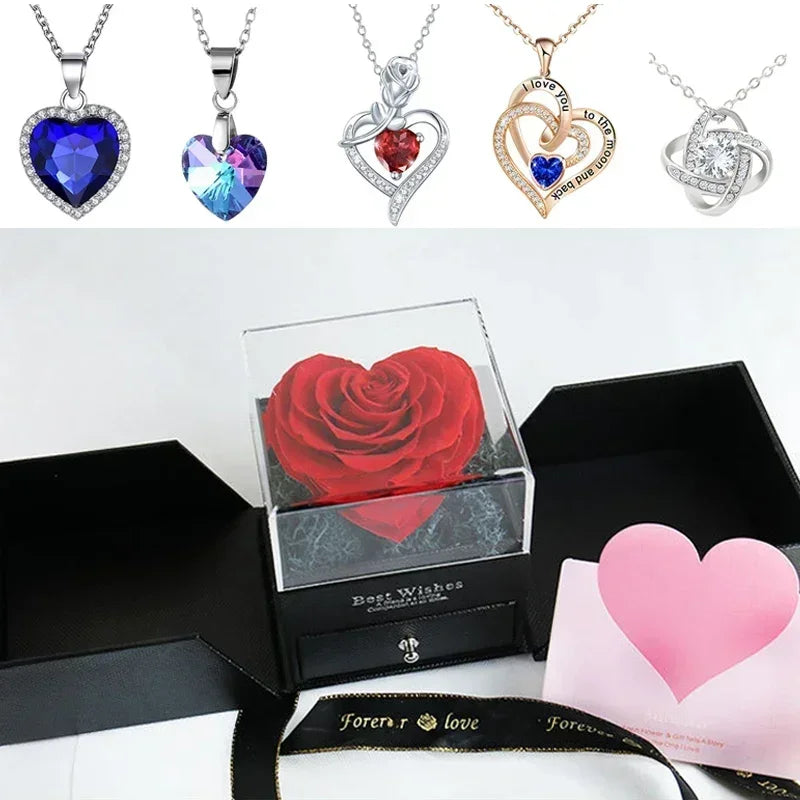Close-up of the "I Love You" necklace inside the rose box
