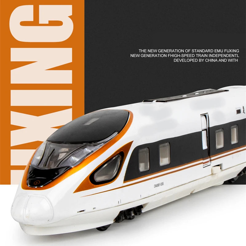 "High-speed train replica with interactive features"