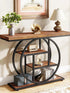 Functional and stylish black metal and rustic wood entry table with multi-tiered storage for living rooms and entryways.