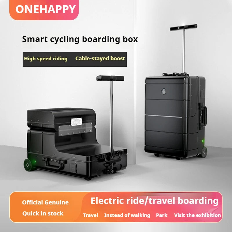 Black 20-inch electric trolley suitcase with built-in charger and scooter functionality."