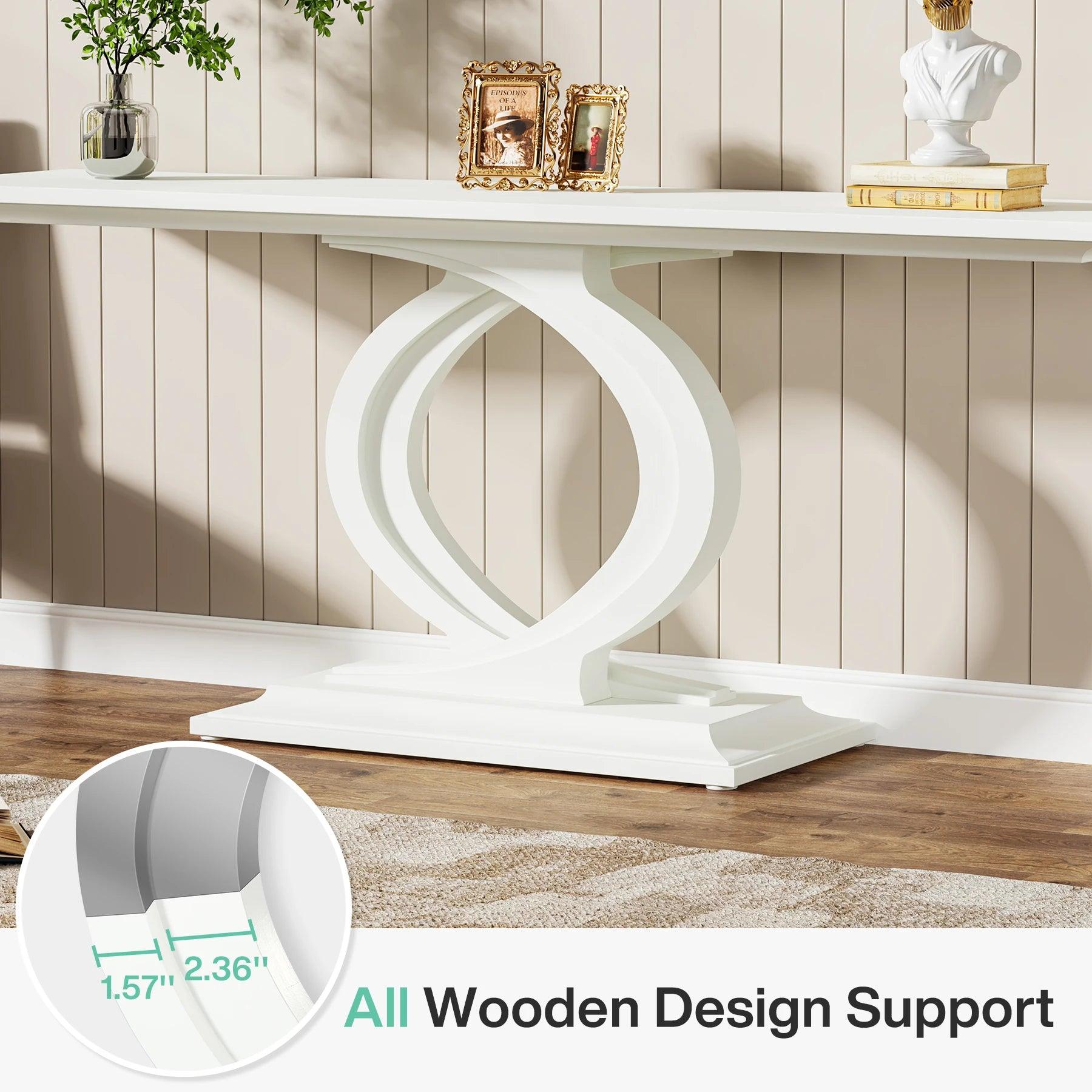 White farmhouse entryway table with sturdy MDF wood construction and double arc base design