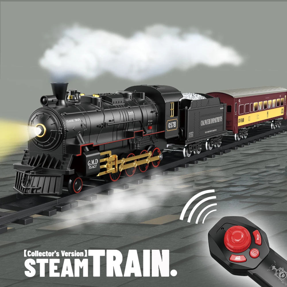 "Retro RC steam train toy with smoking chimney effect"