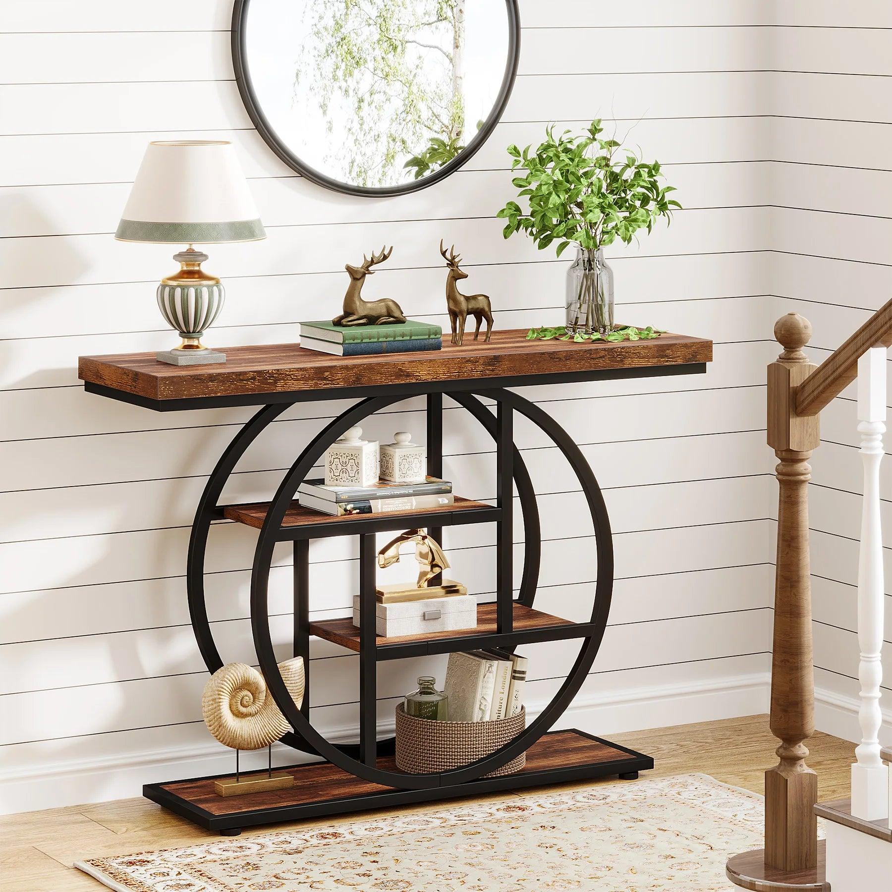 Rustic brown 4-tier console table with black metal frame, perfect for entryway or living room storage.