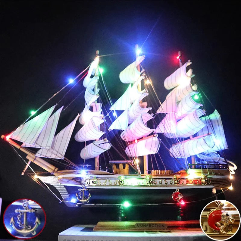 Model ship with colorful LED lights on a dark background