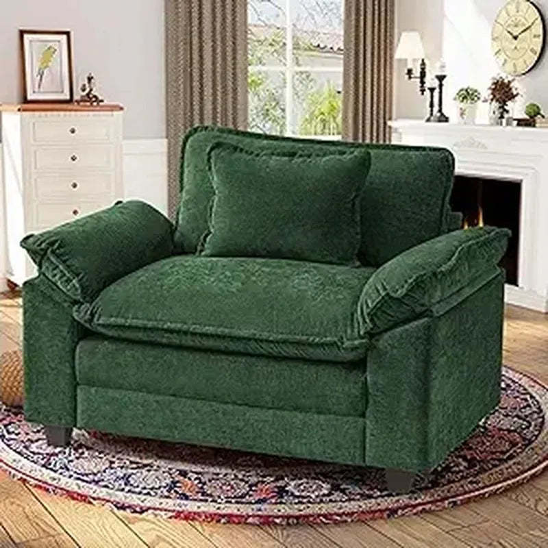 Green sofa in a living room setting with decor elements.