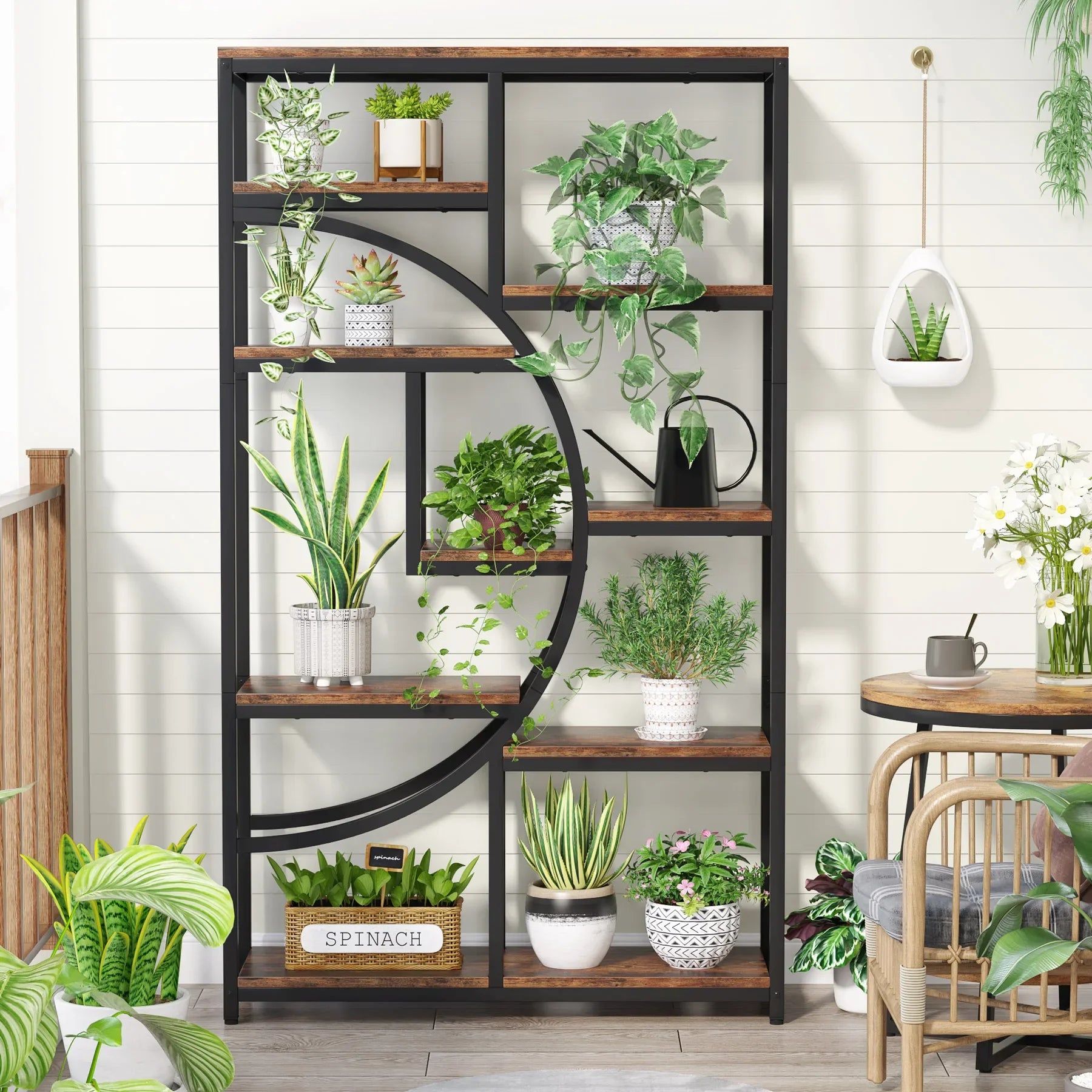 "Powder-coated iron and wood retro-style bookcase, 68.89 inches tall"