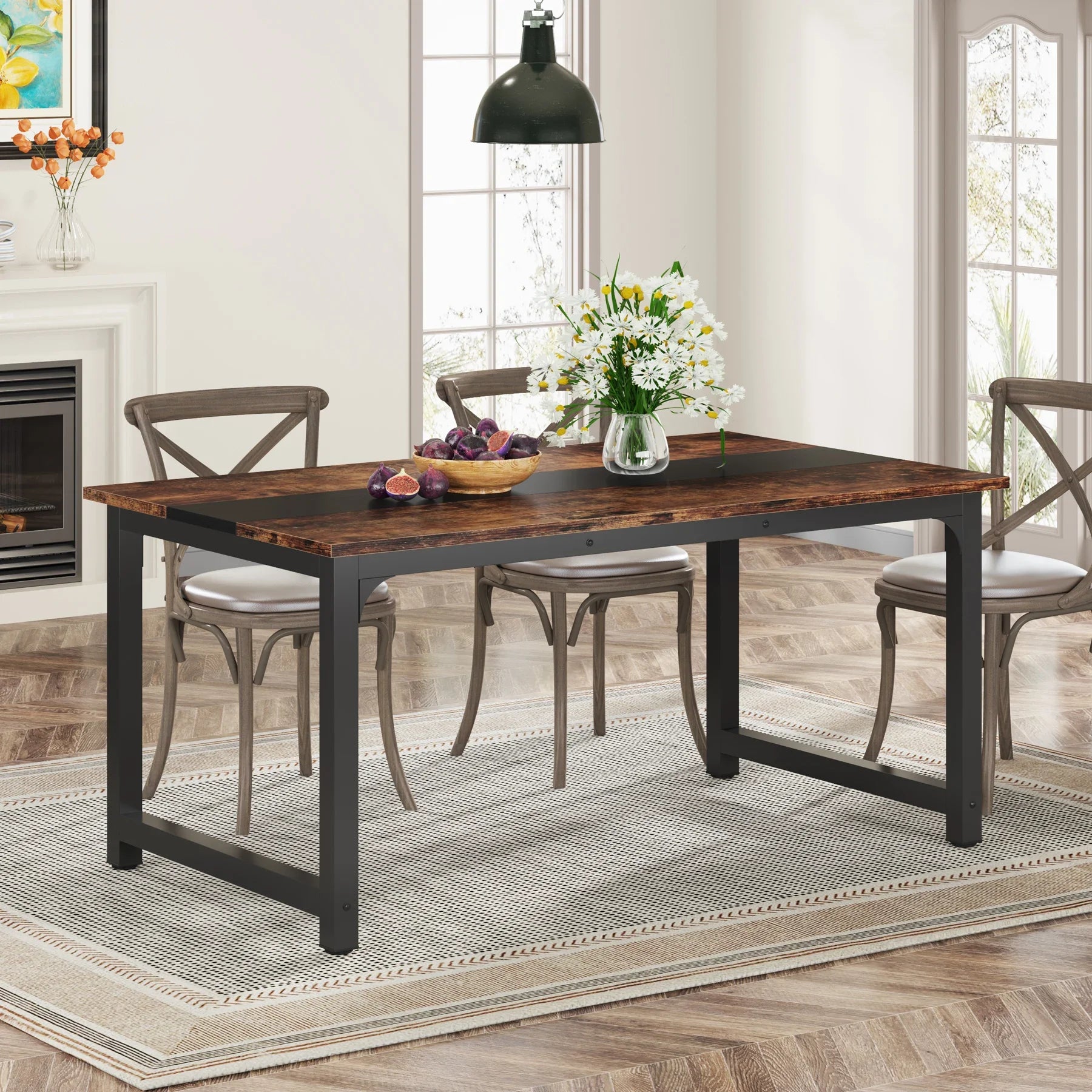 Close-up of wood-grain-style tabletop on a modern desk.