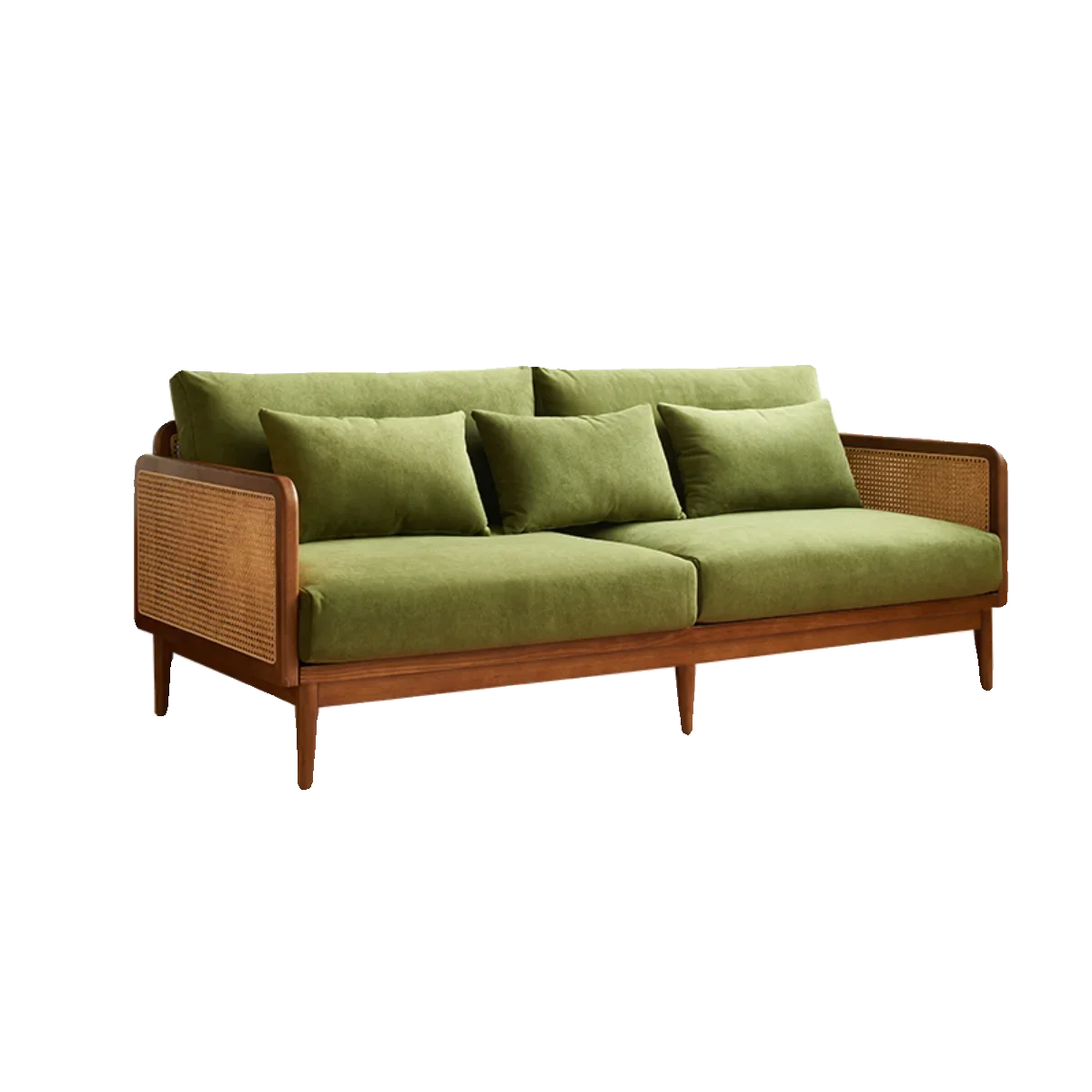 Green sofa with wooden frame on a white background