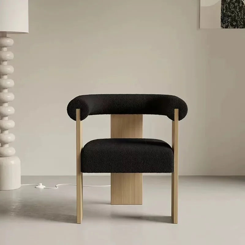 Modern Wooden Armchair for Dining: Comfortable lambskin seat and supportive solid wood handrests.