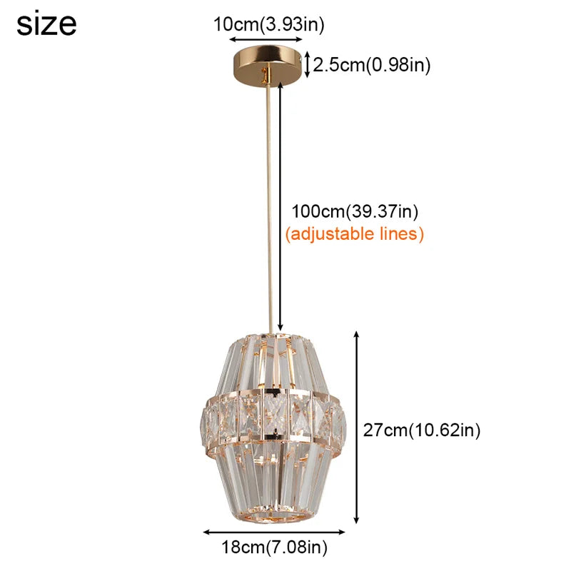 Gold pendant light with measurements on a white background