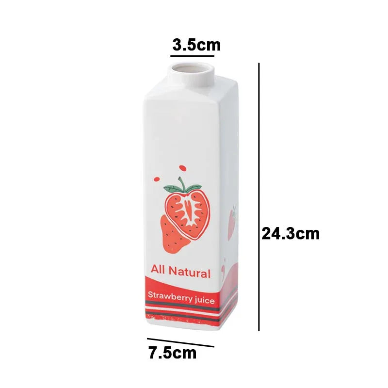 Carton of strawberry juice with dimensions labeled on a white background