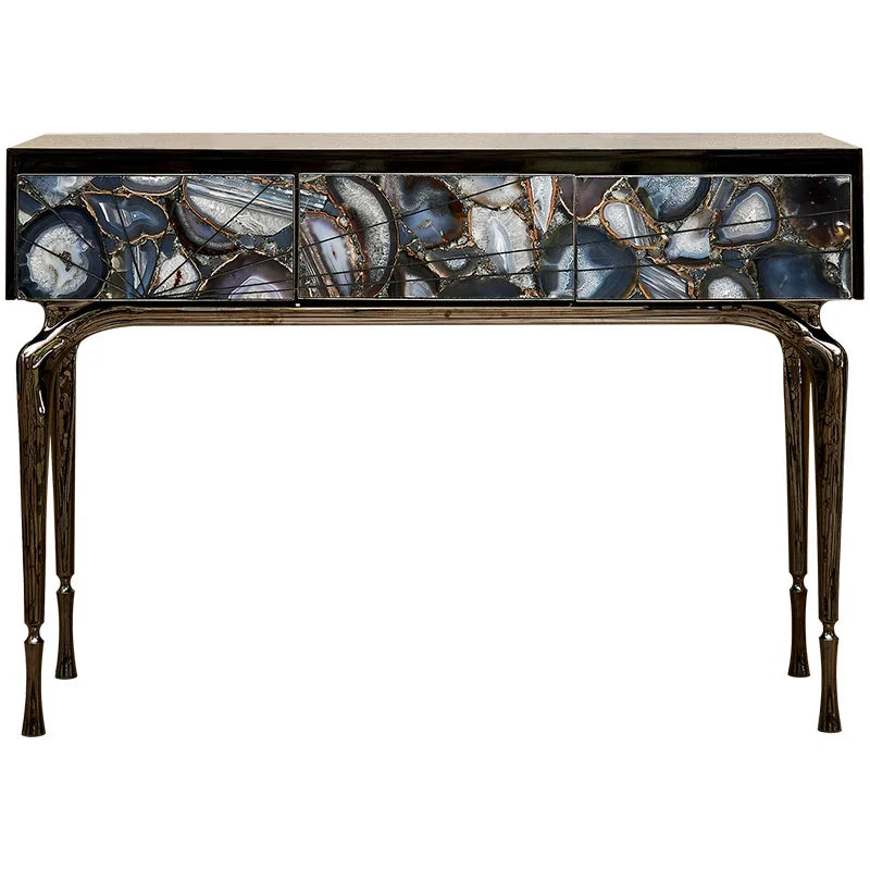 Decorative console table with agate stone inlay on a white background
