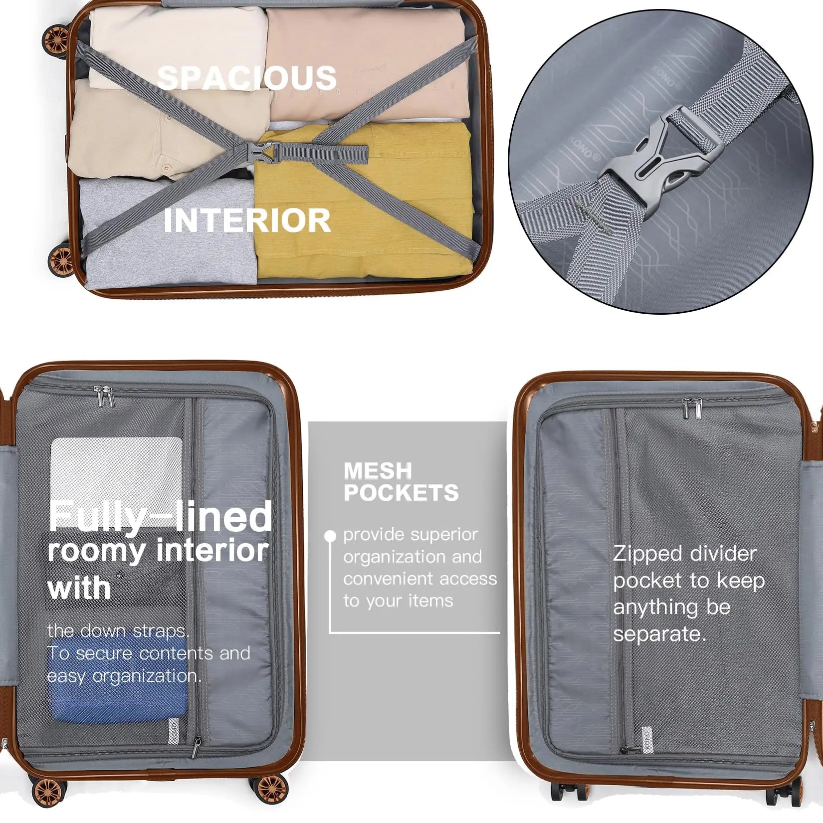 Interior view of KONO suitcase with fully lined organizational pockets
