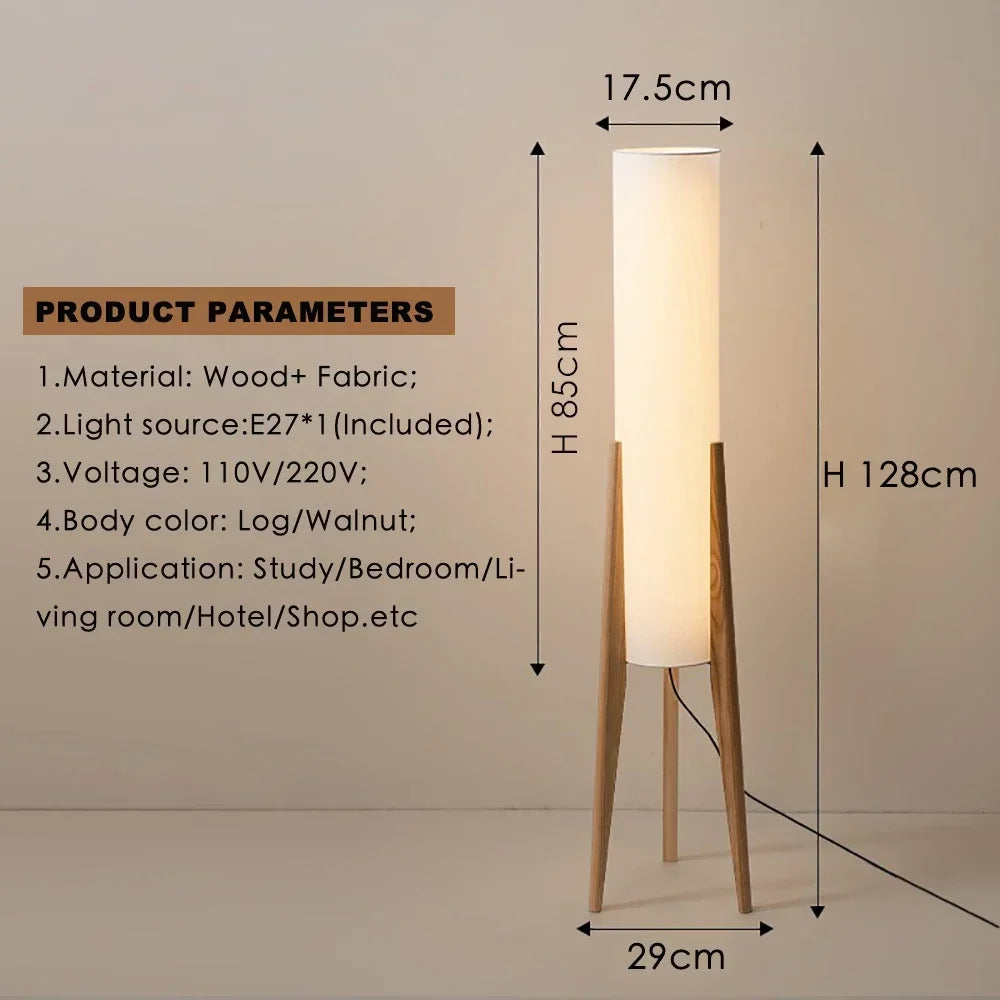 Wooden floor lamp with dimensions and product parameters on a beige background