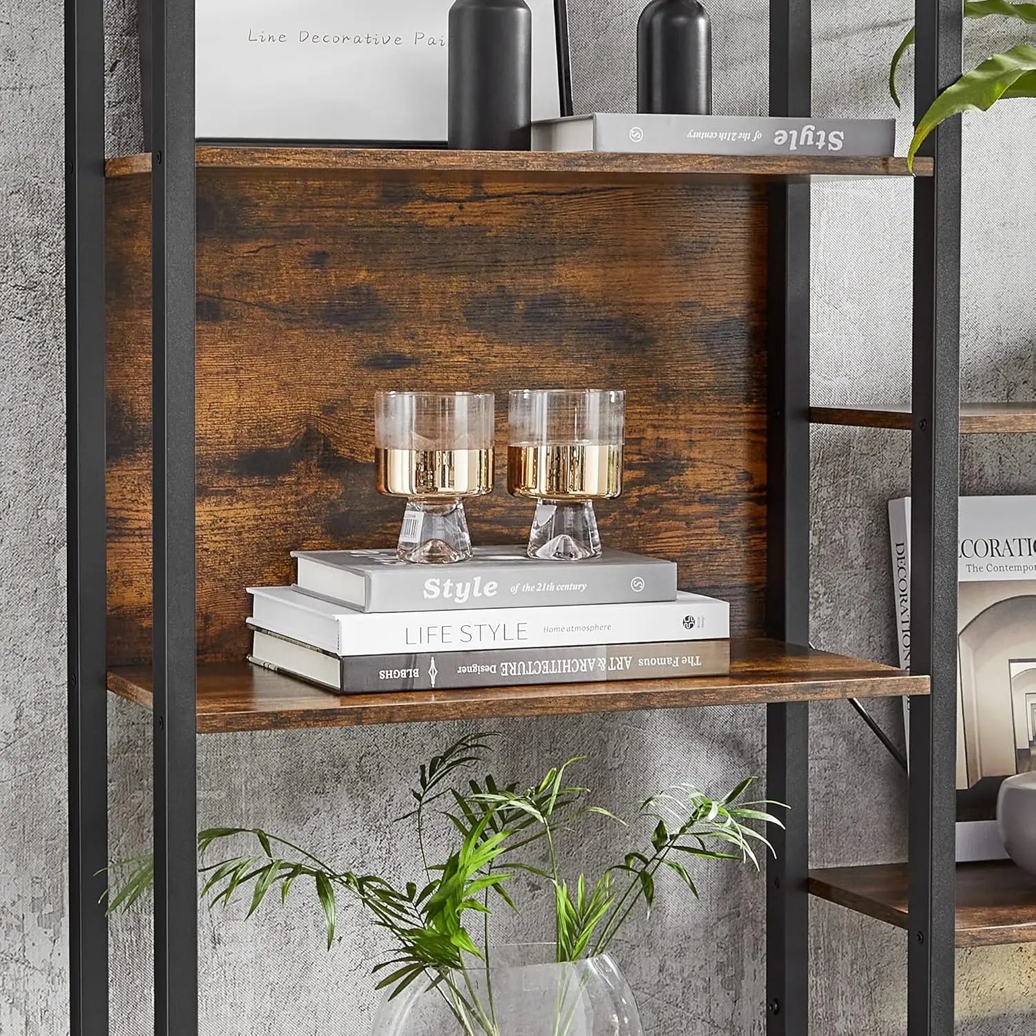 "Rustic 6-shelf bookcase in ink black and brown, perfect for modern homes"