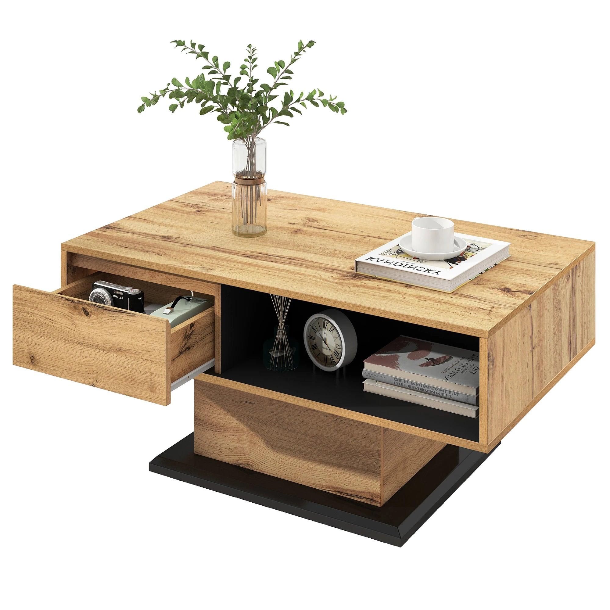 Spacious dual-sided storage compartments in a minimalist wood grain coffee table.