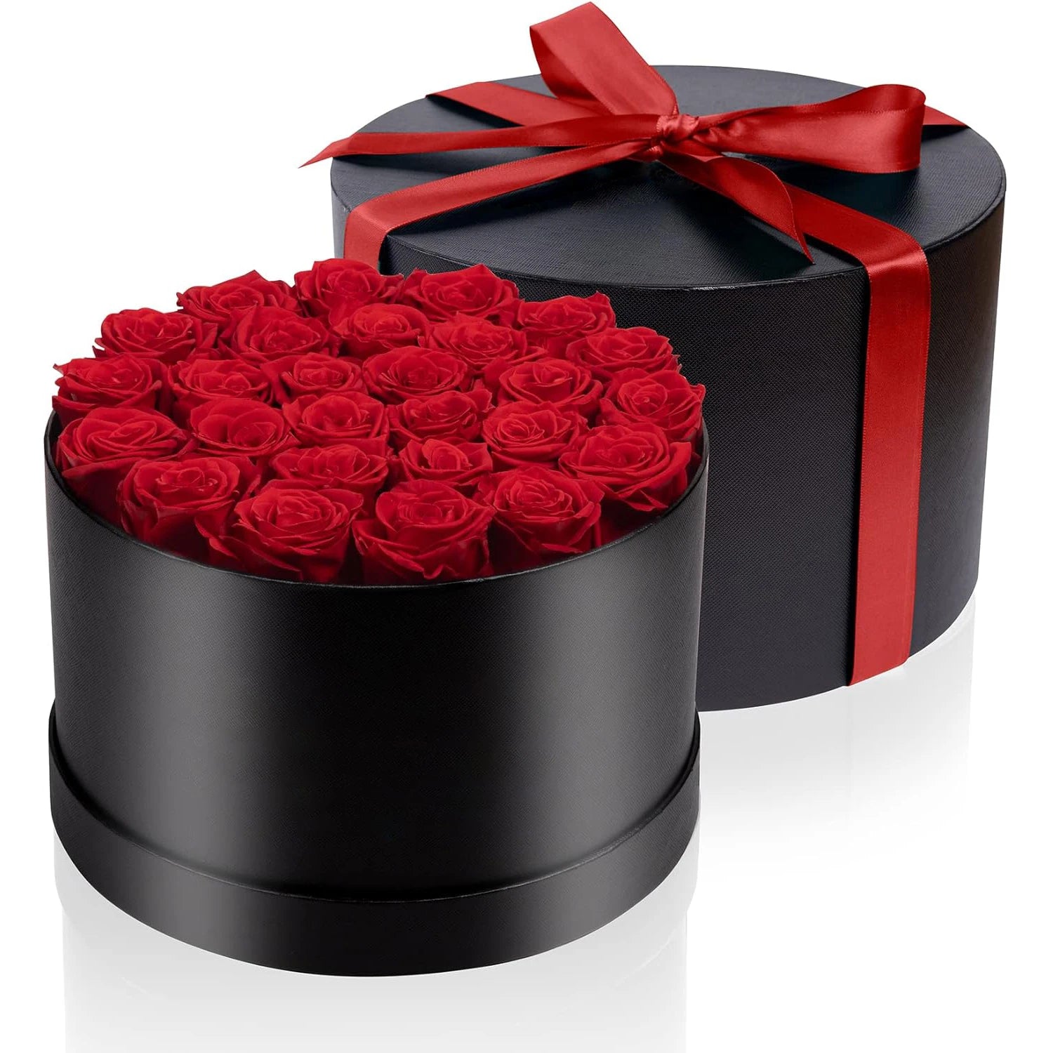 Elegant round box with 27 preserved roses inside