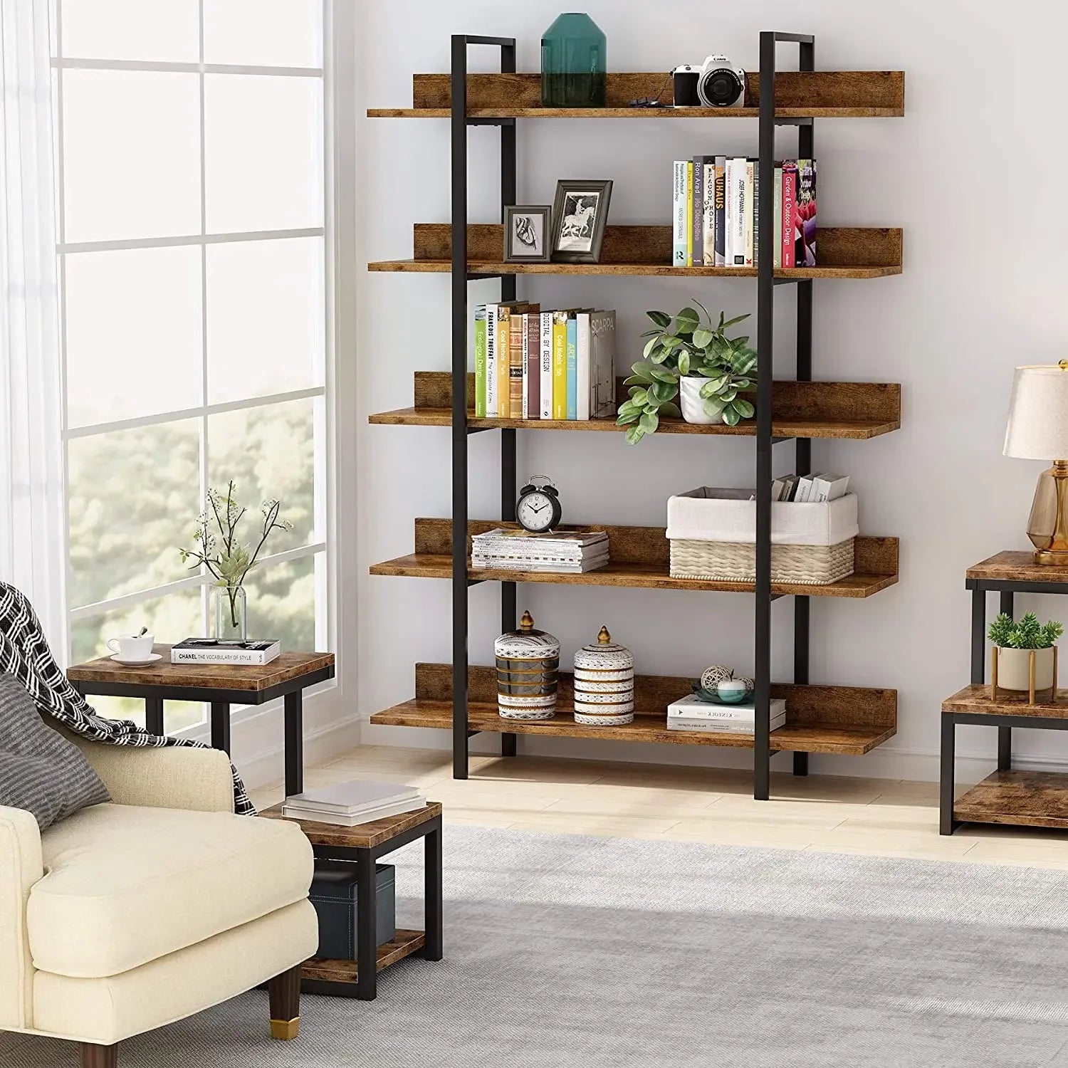 "Multi-purpose industrial storage shelf for living room, office, or library"