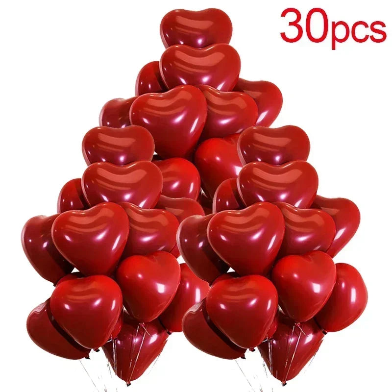 Party decorations: red heart, round, and oval balloons