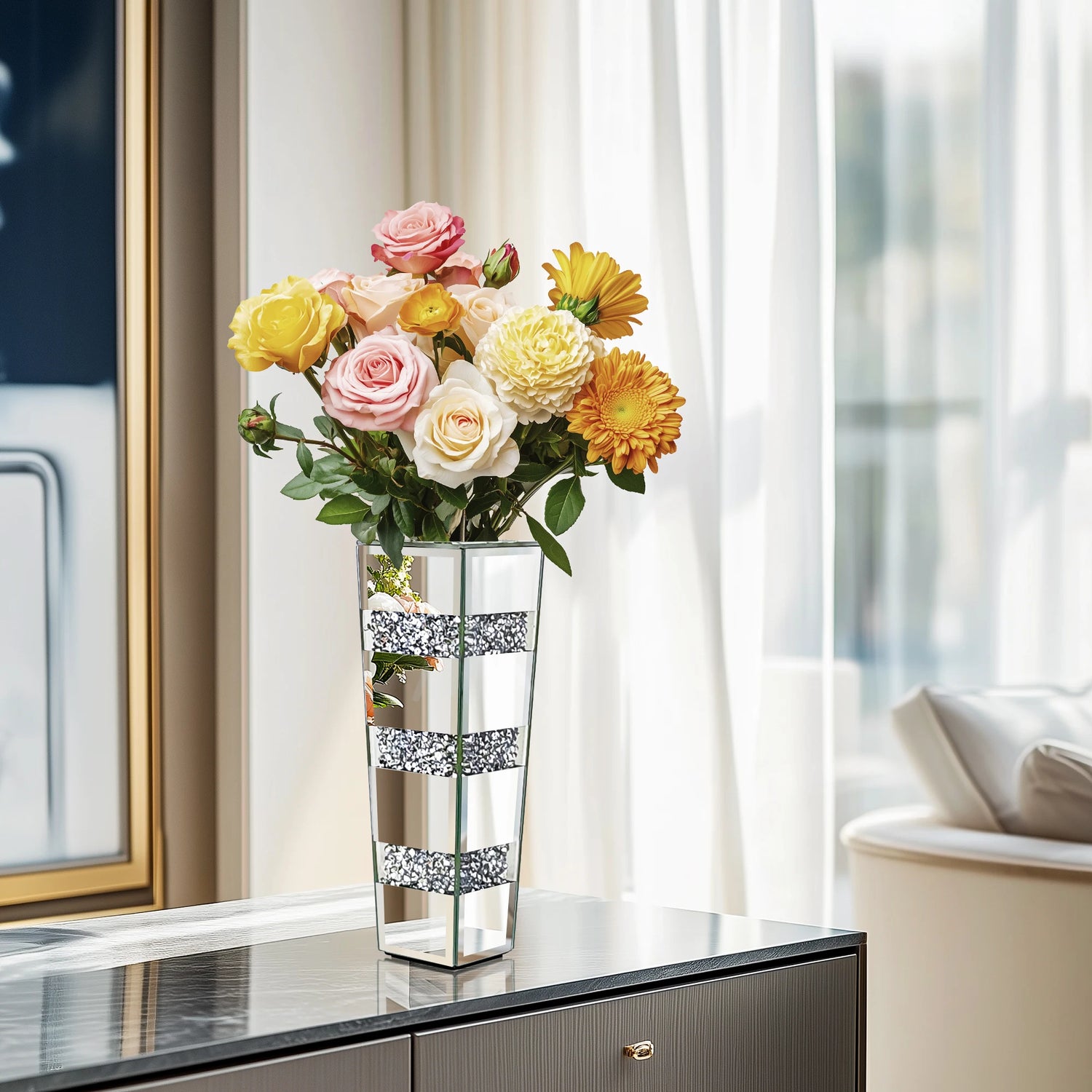 Decorative vase with flowers on a table in a room with curtains and a mirror.