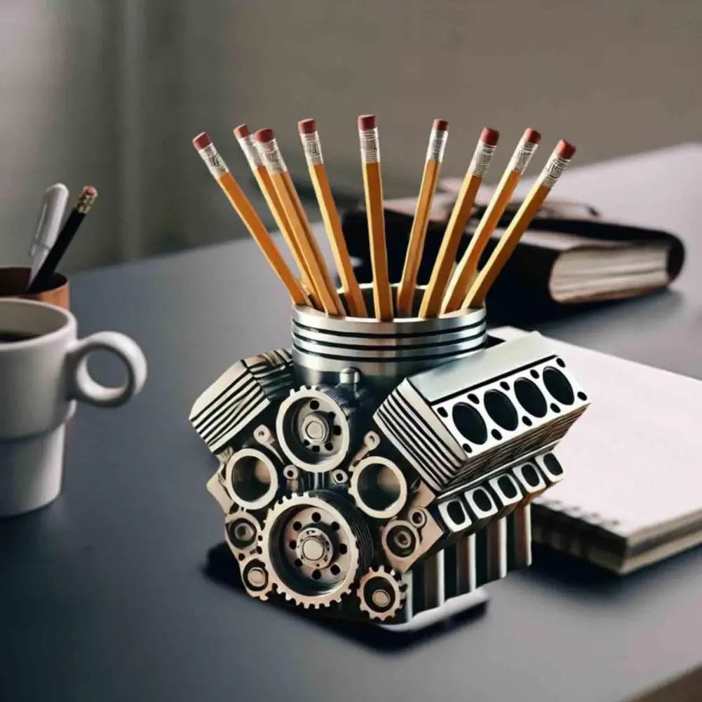 Engine-shaped pencil holder with pencils on a desk