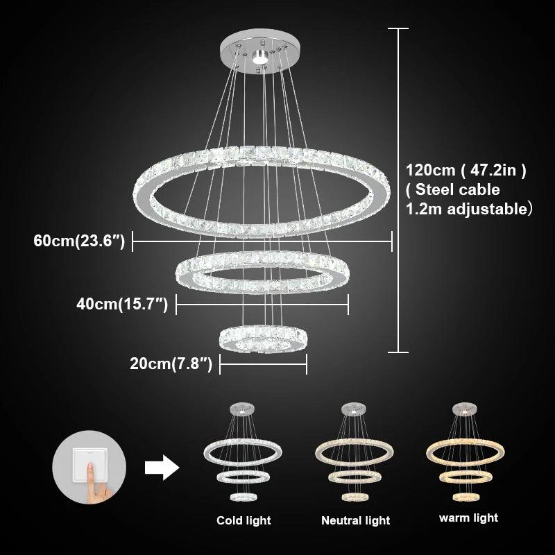 Luxury LED crystal chandelier with adjustable color temperature, showcasing warm light mode in a contemporary space.