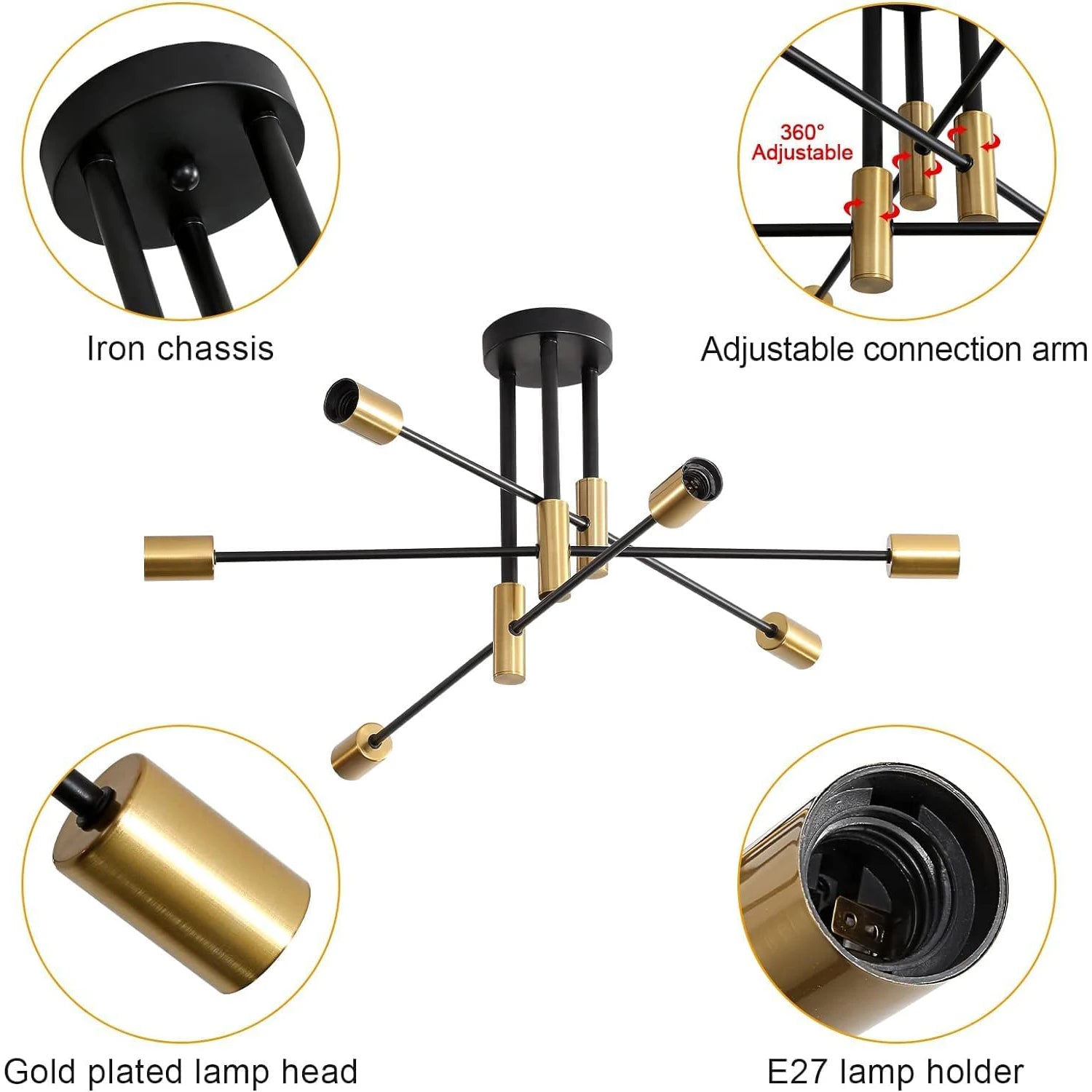 Ceiling light fixture with gold and black design, showing iron chassis, adjustable connection arm, gold lamp head, and E27 lamp holder.