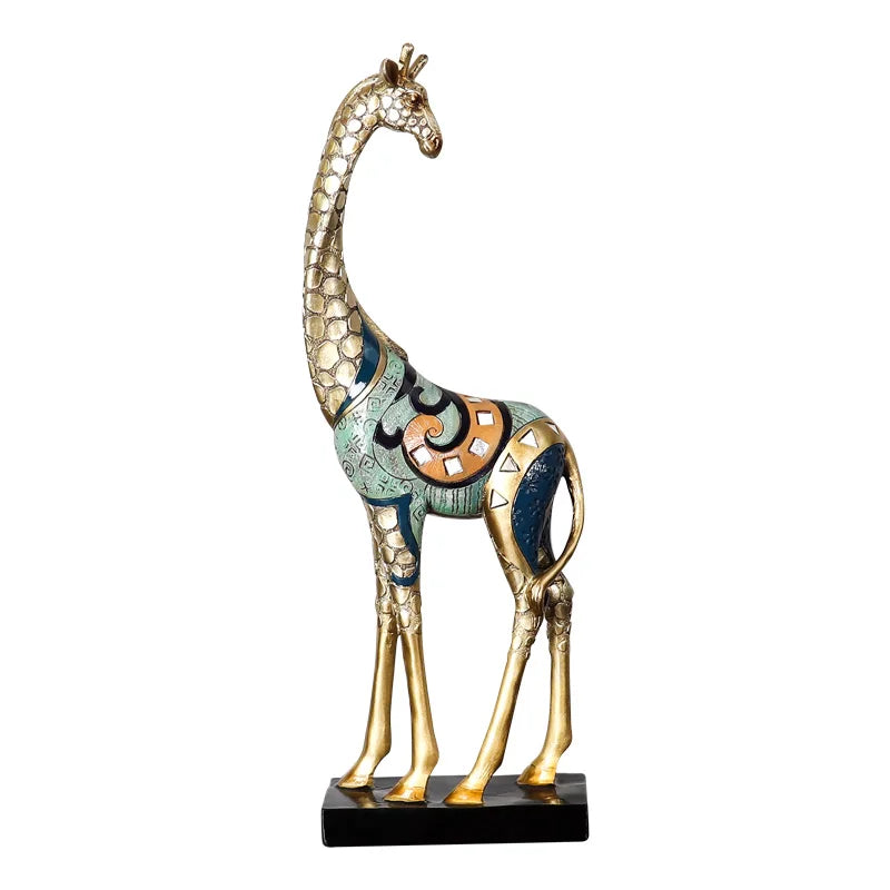 Decorative giraffe statue with artistic design on a white background