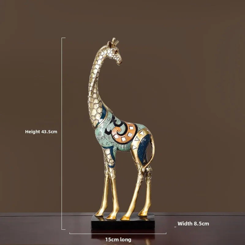 Decorative giraffe statue with measurements on a dark background