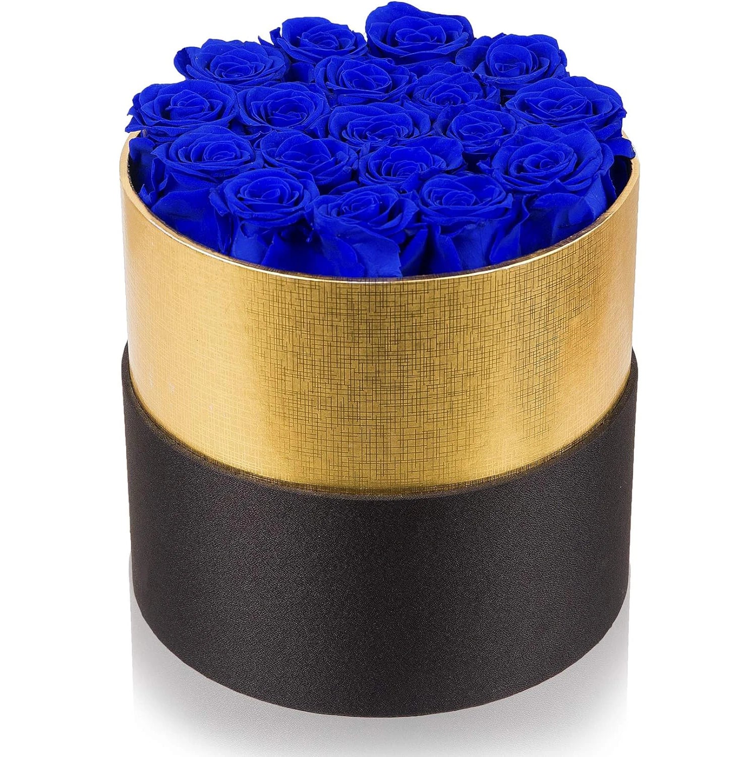 18 preserved roses in a round box on a romantic background