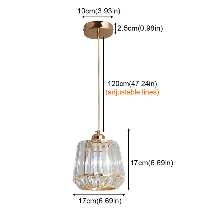 Gold pendant light with clear glass shade and measurements on a white background