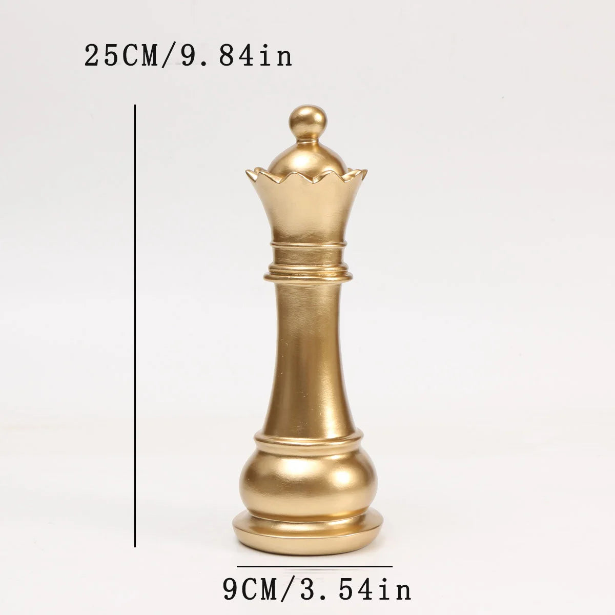 Gold chess piece with measurements on a white background