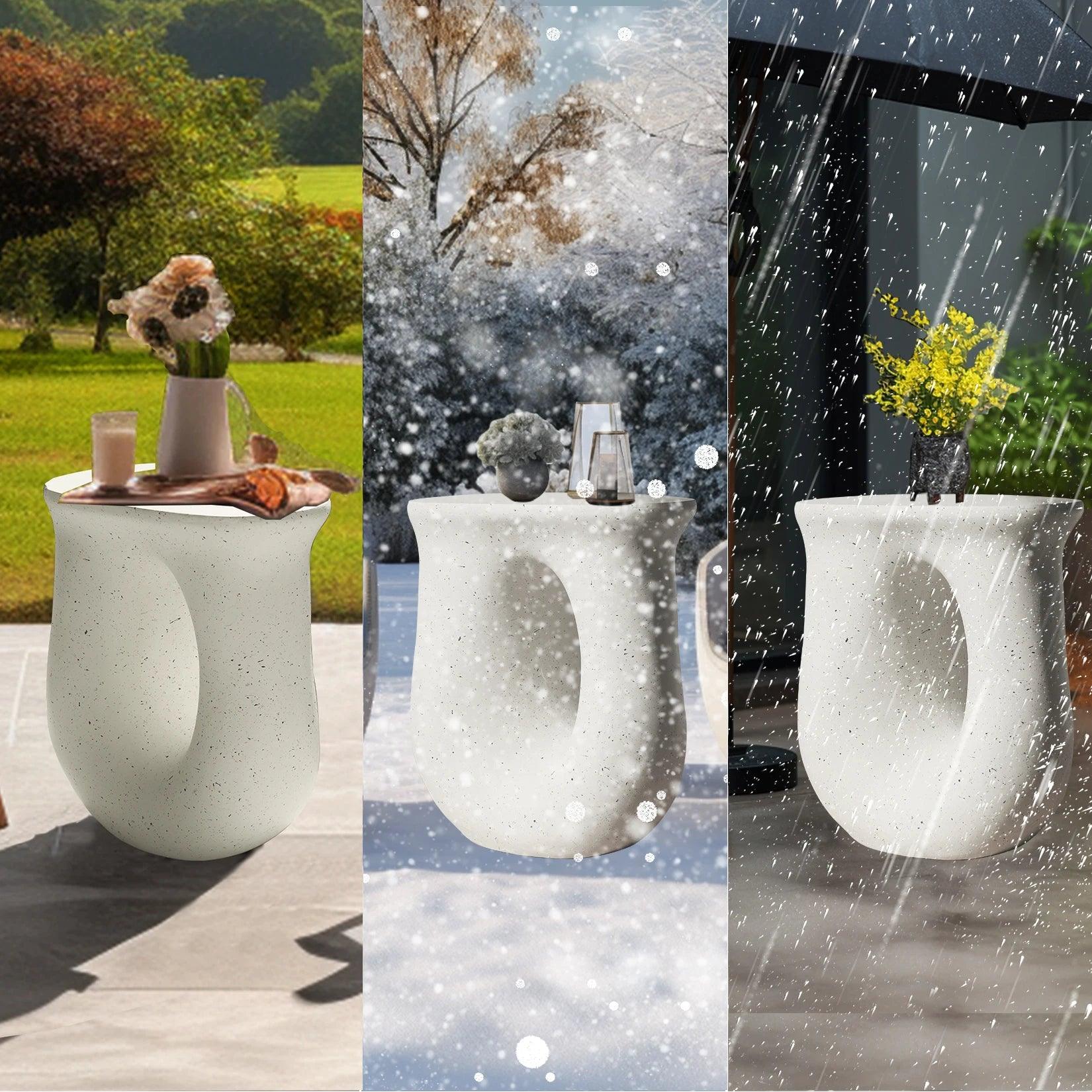 Unique geometric concrete table used as a plant stand in outdoor garden