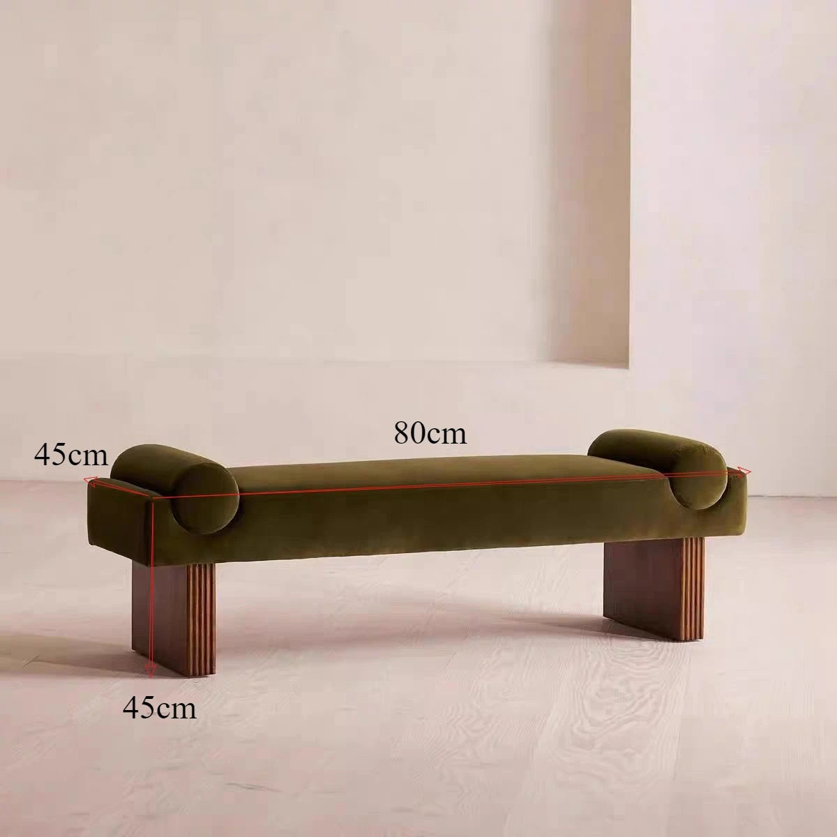 Green bench with dimensions marked on a plain background