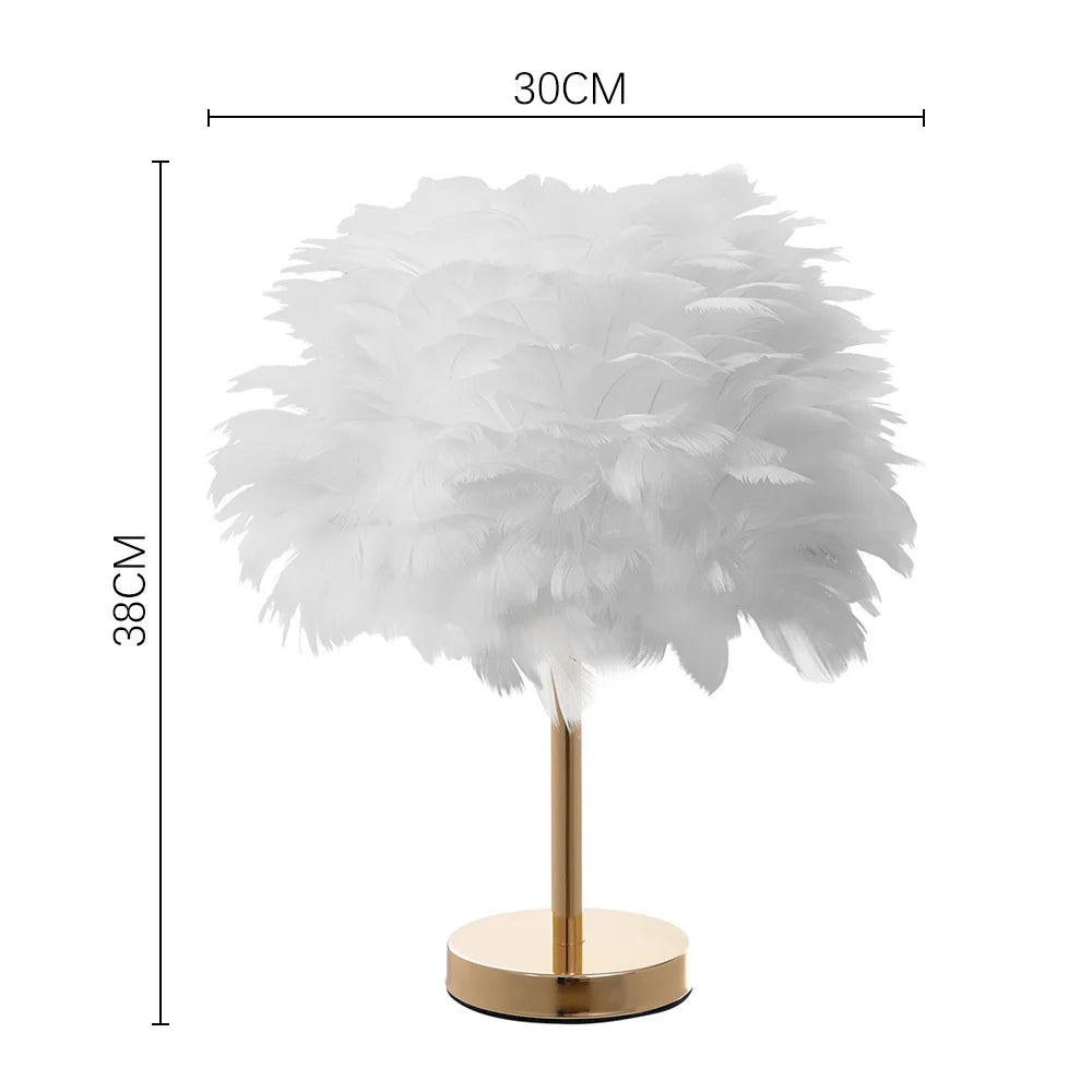 Feather lamp with dimensions on a white background