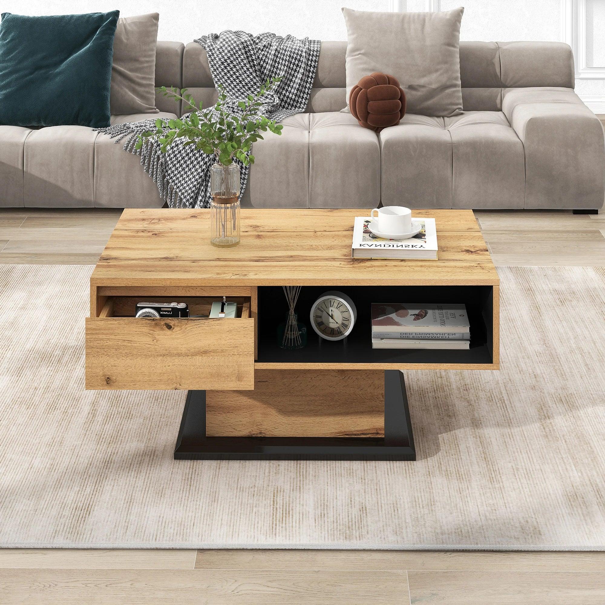 Wood grain coffee table with handle-free drawer, dual storage compartments, and oak wood grain finish.