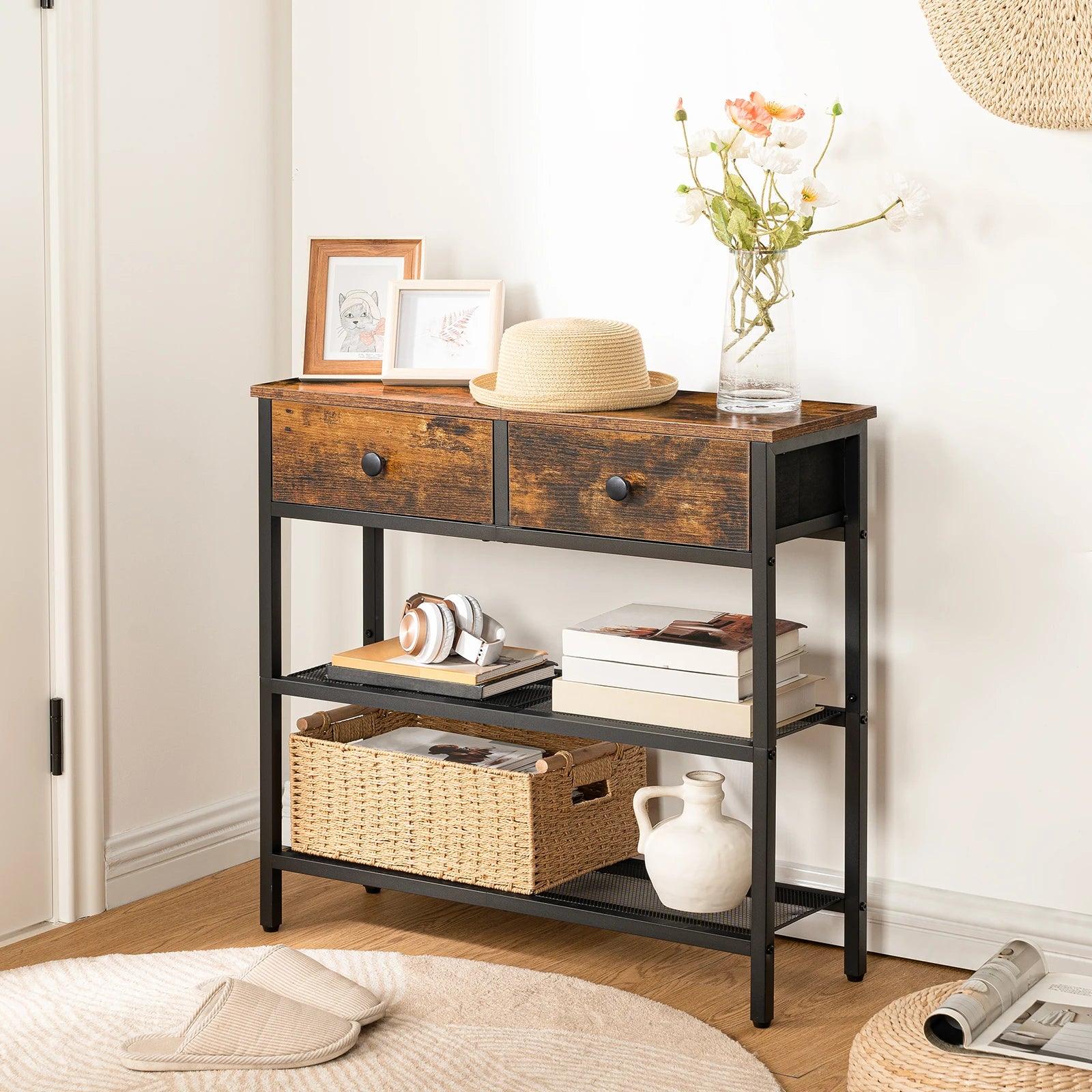 Rustic wooden console table with storage in antique style