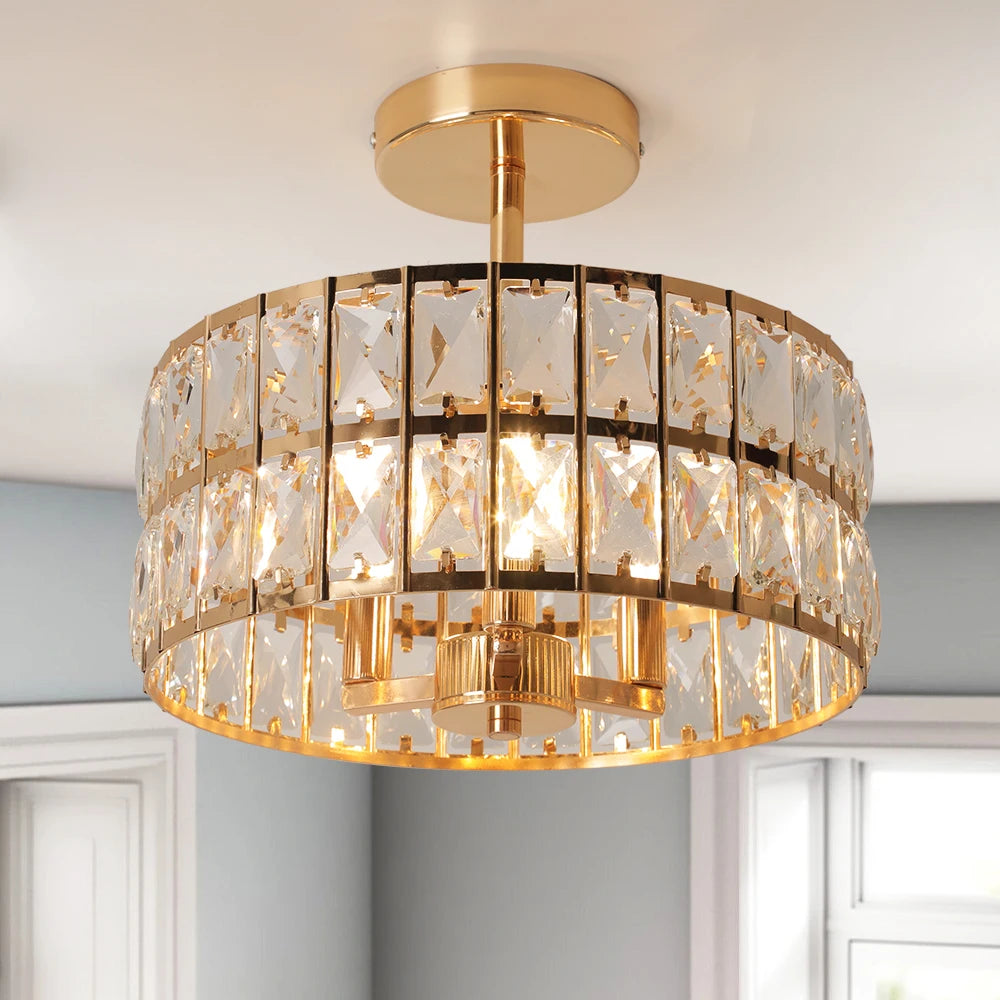 Gold chandelier with crystal accents in a room setting