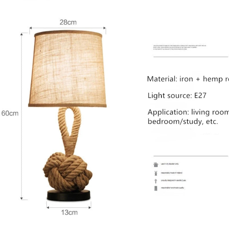 Nautical-style table lamp with dimensions and material details on a white background