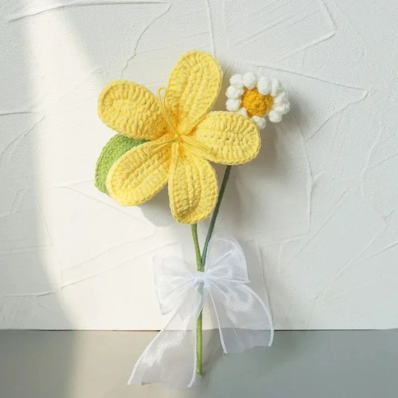 Hand-knitted artificial flower bouquet, home decoration.